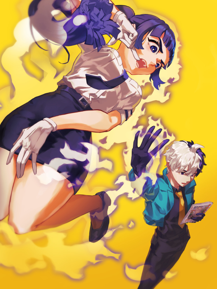 1boy, 1girl, :o, absurdres, black_footwear, black_gloves, black_hair, black_pants, black_shirt, black_skirt, blue_eyes, breasts, choujou_meguru, choujun!_choujou_senpai, gloves, highres, holding, holding_manga, ippongi_nao, jacket, long_hair, manga_(object), medium_breasts, multicolored_hair, nayuki0219811, necktie, pants, pencil_skirt, pointing, ponytail, shirt, skirt, standing, telekinesis, two-tone_hair, white_gloves, white_hair, yellow_background, yellow_necktie