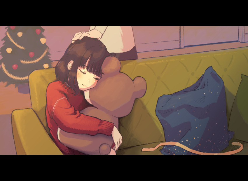 1boy, 1girl, absurdres, bag, black_hair, blunt_bangs, child, christmas