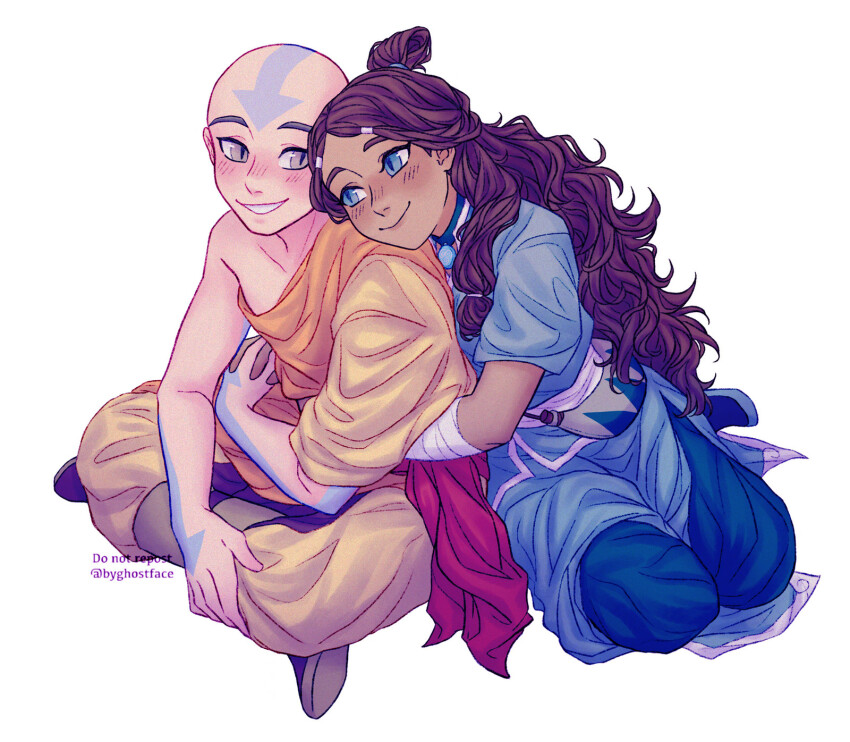 1boy, 1girl, aang, arrow_(symbol), avatar:_the_last_airbender, avatar_legends, bald, blue_eyes, brown_hair, byghostface, couple, forehead_tattoo, head_tattoo, highres, hug, hug_from_behind, interlocked_fingers, katara, long_hair, looking_at_another, monk, slit_pupils, tattoo, vertical_pupils, very_long_hair