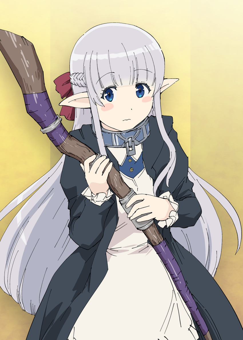 1girl, blue_eyes, blush_stickers, braid, collar, cosplay, dress, elf