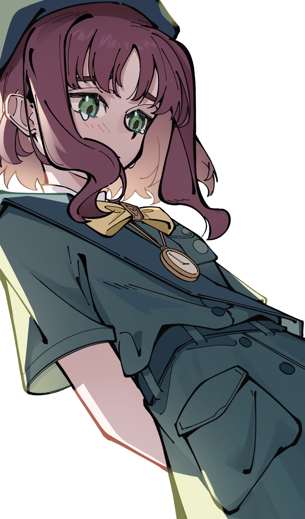 1girl, arms_behind_back, belt, beret, bow, bowtie, brown_hair, chahu_lililala, dress, eagle_(reverse:1999), from_below, girl_scout, green_belt, green_dress, green_eyes, green_hat, green_sash, hat, head_down, highres, looking_down, pendant_watch, pocket, reverse:1999, sash, scout_movement, scout_uniform, short_hair, short_sleeves, shoulder_sash, sidelocks, solo, tearing_up, traditional_bowtie, upper_body, white_background, white_bow, white_bowtie