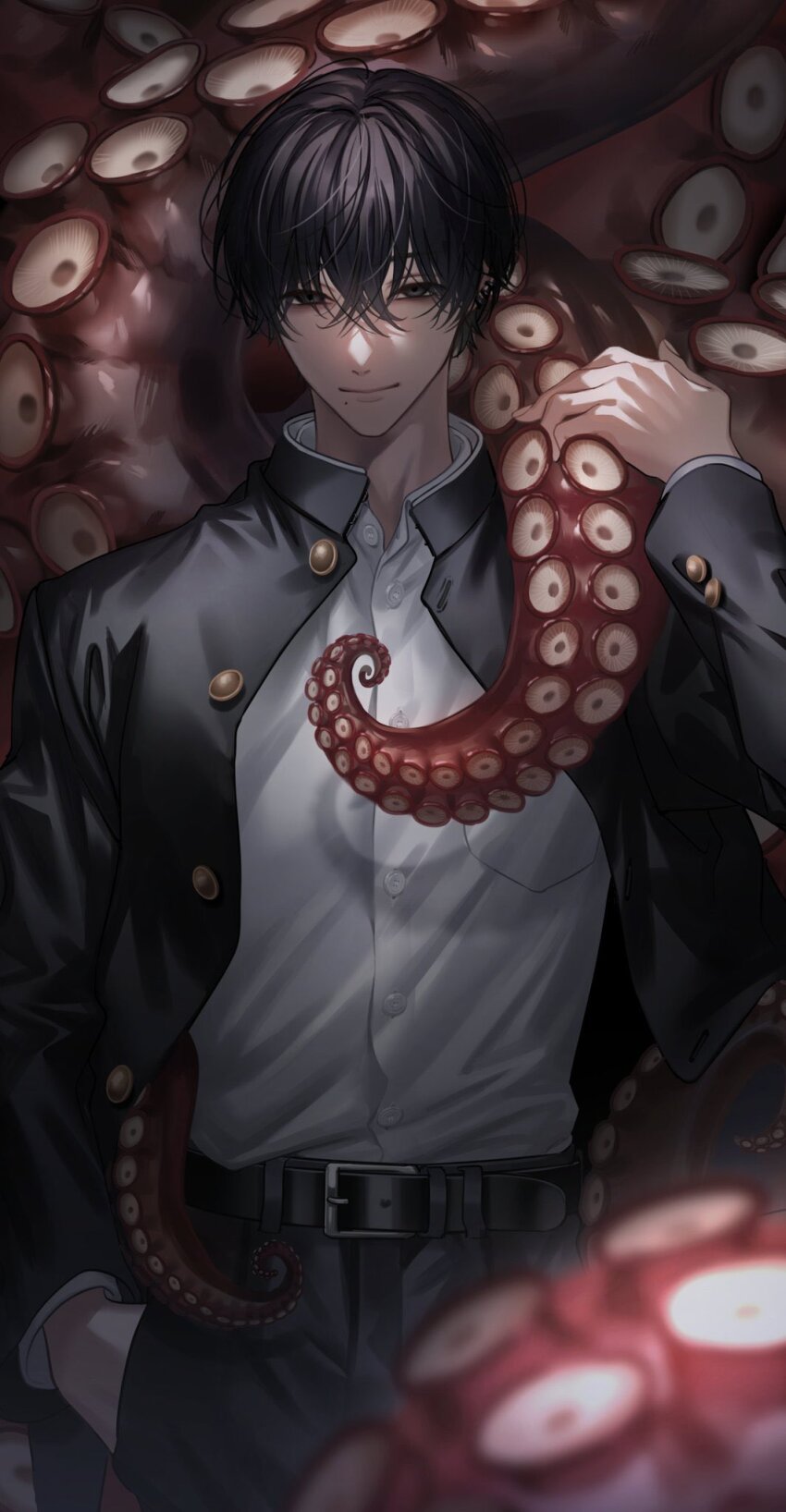 1boy, am88121, belt, black_eyes, black_hair, black_jacket, blurry, buttons