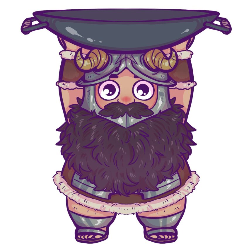1boy, beard, blush, carrying_overhead, deformed, dilated_pupils, dungeon_meshi, dwarf, facial_hair, fake_horns, full_body, fungusfangs, helmet, horned_helmet, horns, long_beard, looking_at_viewer, male_focus, mustache, senshi_(dungeon_meshi), solo, sparse_leg_hair, straight-on, thick_mustache, very_long_beard, wok