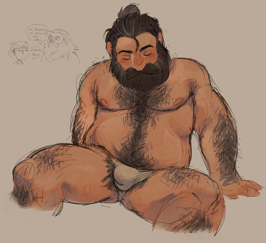 2boys, armpit_hair, armpit_hair_peek, bara, beard, belly, breast_reduction_surgery_(meme), briefs