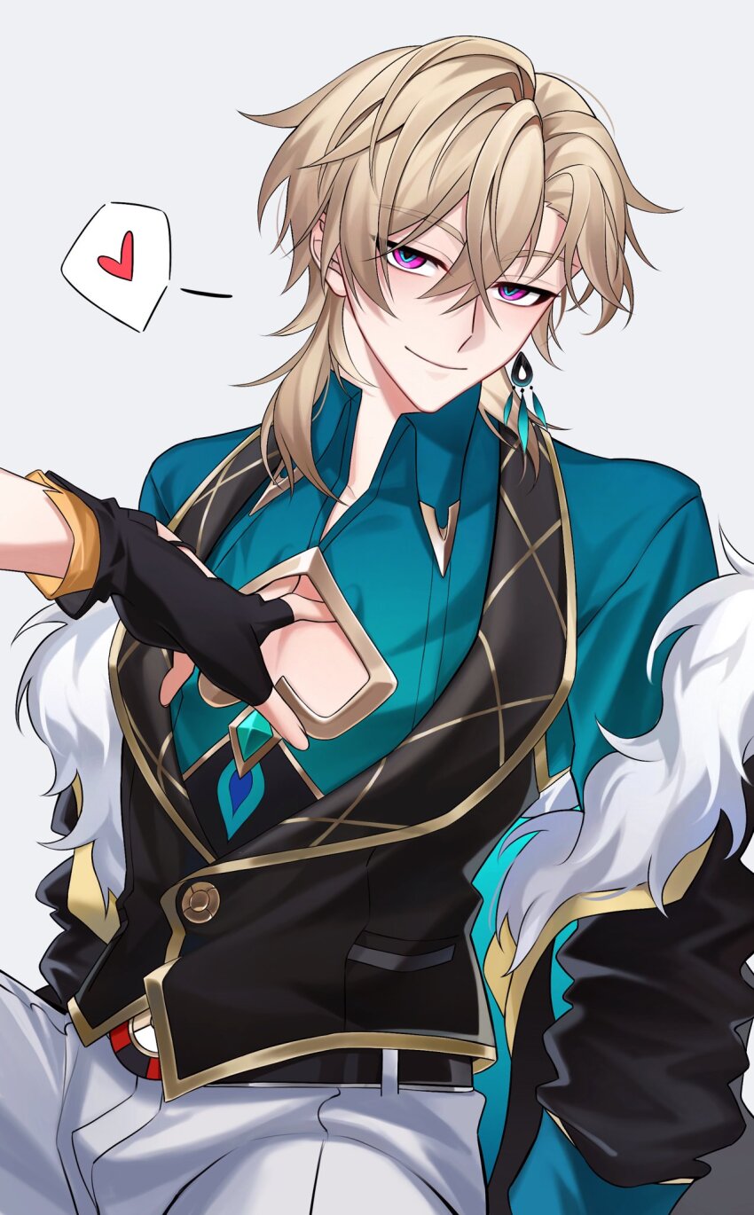 aventurine_(honkai:_star_rail), bulge, caelus_(honkai:_star_rail), cleavage_cutout, clothing_cutout, hand_in_another's_clothes, heart, highres, honkai_(series), koushuiba, off_shoulder, trailblazer_(honkai:_star_rail), yaoi