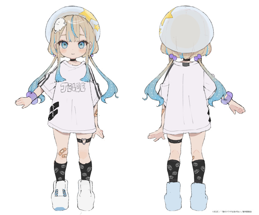 1girl, absurdres, bandaid, bandaid_on_knee, bandaid_on_leg, beret, black_socks, blue_hair