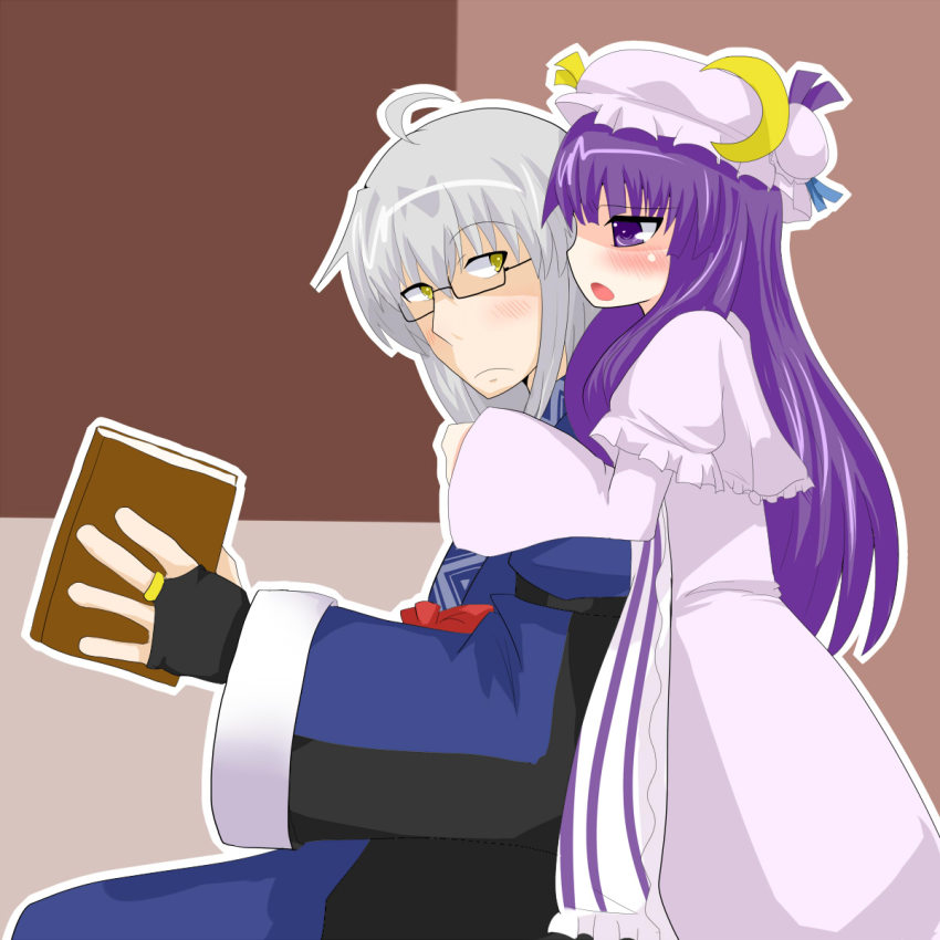 1boy, 1girl, ahoge, blush, book, bridal_gauntlets, capelet, crescent