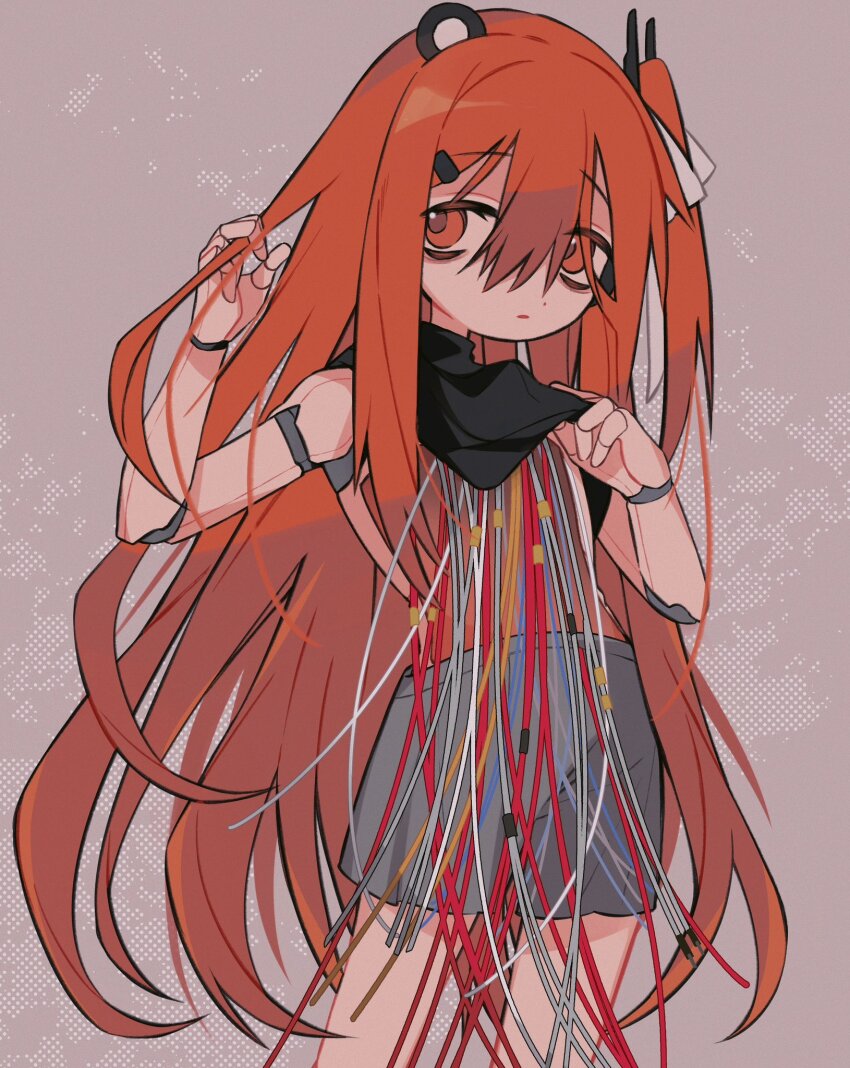 1girl, a.i._voice, adachi_rei, alternate_hair_length, alternate_hairstyle, android, black_shirt, cable, closed_mouth, clothes_lift, cowboy_shot, grey_background, grey_shorts, hair_between_eyes, hair_ornament, hair_ribbon, hairclip, hand_in_own_hair, hand_up, headlamp, highres, joints, lifting_own_clothes, long_hair, looking_at_viewer, mechabare, nasi_(na_si), one_side_up, orange_eyes, orange_hair, radio_antenna, ribbon, robot_joints, shirt, shirt_lift, shorts, sleeveless, sleeveless_shirt, solo, standing, utau, very_long_hair, white_ribbon