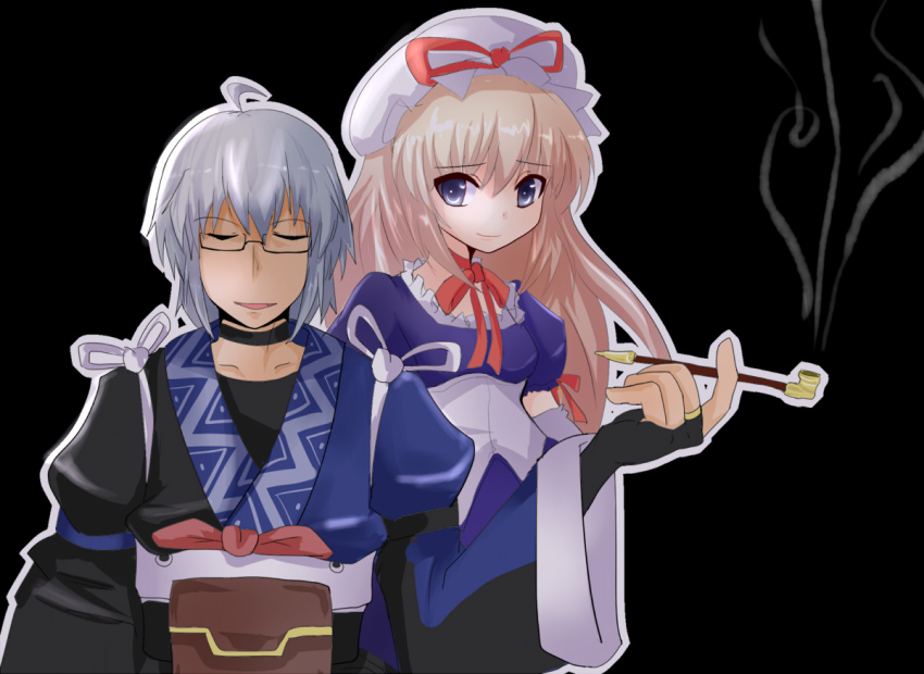 1boy, 1girl, ahoge, blonde_hair, blue_eyes, bow, bridal_gauntlets, choker