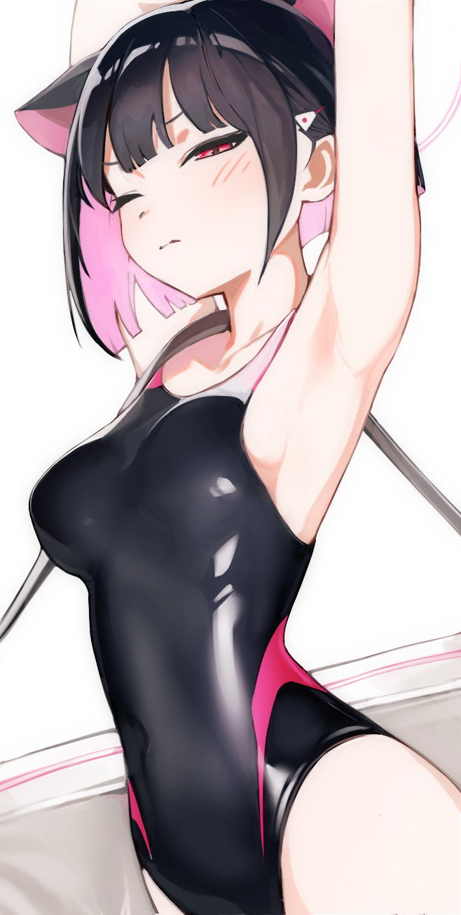 1girl, armpits, arms_up, bag, black_hair, black_one-piece_swimsuit, blue_archive, blunt_bangs, blunt_ends, blush, bob_cut, breasts, closed_mouth, colored_inner_hair, competition_swimsuit, covered_navel, half-closed_eye, halo, highres, kazusa_(blue_archive), looking_at_viewer, medium_breasts, mikeekakiaka2, multicolored_hair, one-piece_swimsuit, one_eye_closed, pink_hair, red_eyes, shiny_swimsuit, short_hair, shoulder_bag, solo, stretching, swimsuit, upper_body, v-shaped_eyebrows, white_bag