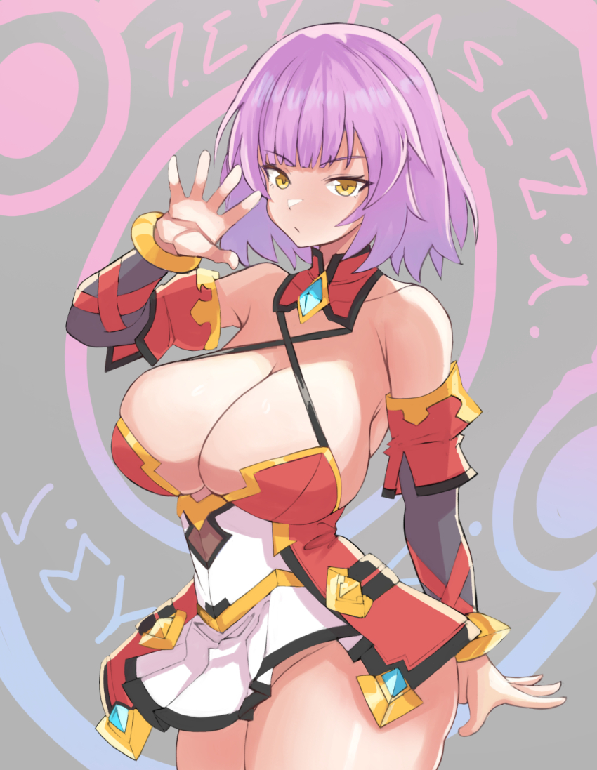 1girl, :/, amulet, arm_at_side, bare_shoulders, blunt_bangs, bracelet, breasts