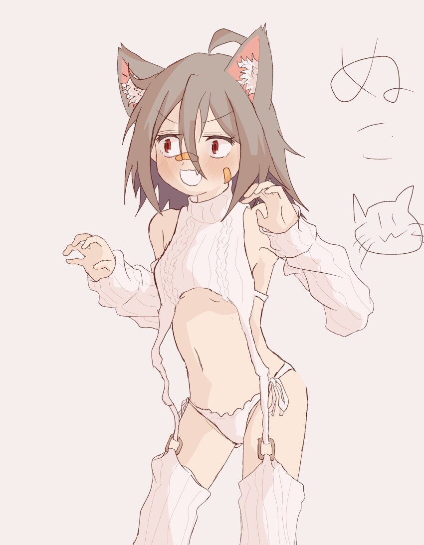 1girl, :d, ahoge, animal_ear_fluff, animal_ears, bandaid, bandaid_on_cheek, bandaid_on_face, bandaid_on_nose, breasts, cat_ears, detached_sleeves, do_it_yourself!!, fang, grey_hair, highres, knit_legwear, knit_sleeves, mumumumachan18, navel, open_mouth, panties, paw_pose, red_eyes, side-tie_panties, skin_fang, small_breasts, smile, solo, underboob, underwear, v-shaped_eyebrows, virgin_destroyer_sweater, white_panties, yua_serufu