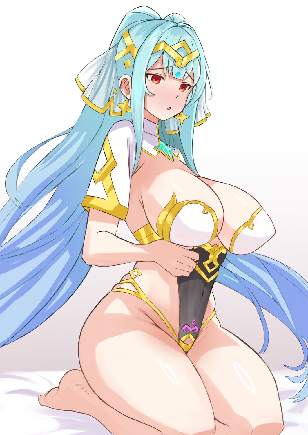 1girl, amulet, aqua_hair, bare_legs, barefoot, blue_hair, blunt_bangs, breasts, covered_navel, embarrassed, epic_seven, furrowed_brow, gold, gold_trim, gradient_hair, groin, highres, large_breasts, legs_together, light_blush, long_hair, looking_ahead, multicolored_hair, on_bed, parted_lips, red_eyes, rein_(rafael_3682), revealing_clothes, roana_(epic_seven), seiza, short_sleeves, sidelocks, sitting, skindentation, solo, tiara, twintails, very_long_hair, wide_hips