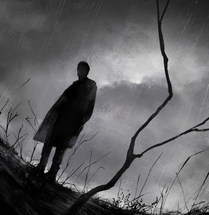 1boy, boots, branch, chinese_commentary, cloud, cloudy_sky, coat, commentary_request, dutch_angle, full_body, grass, greyscale, hands_in_pockets, highres, long_sleeves, male_focus, monochrome, moonjjj, original, outdoors, pants, rain, short_hair, silhouette, sky, solo