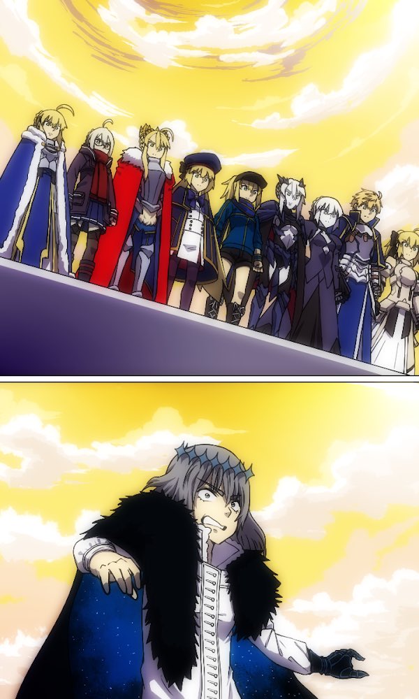 2boys, 6+girls, ahoge, angry, armor, arthur_pendragon_(fate), artoria_caster_(fate), artoria_pendragon_(fate)