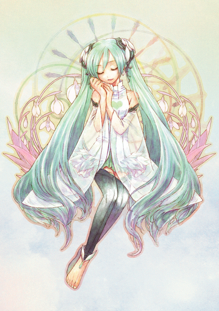 1girl, a-gatha, alternate_costume, aqua_hair, bad_id, bad_pixiv_id, barefoot, closed_eyes