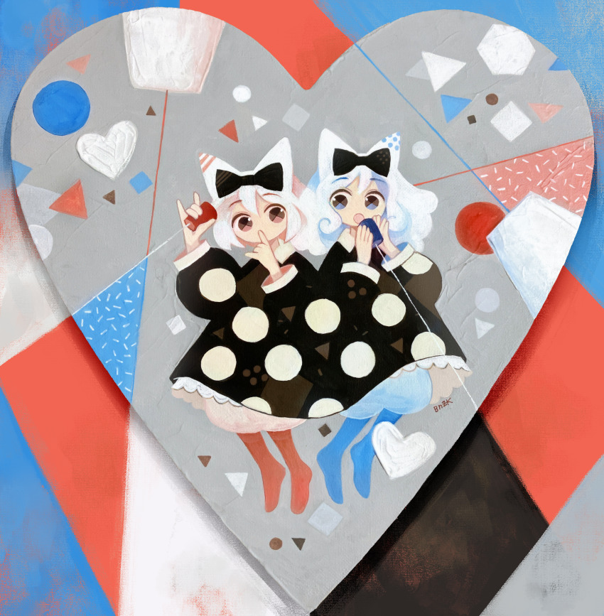 2girls, :o, absurdres, acrylic_gouache_(medium), animal_ears, binzoko_paroma, black_background, black_bow