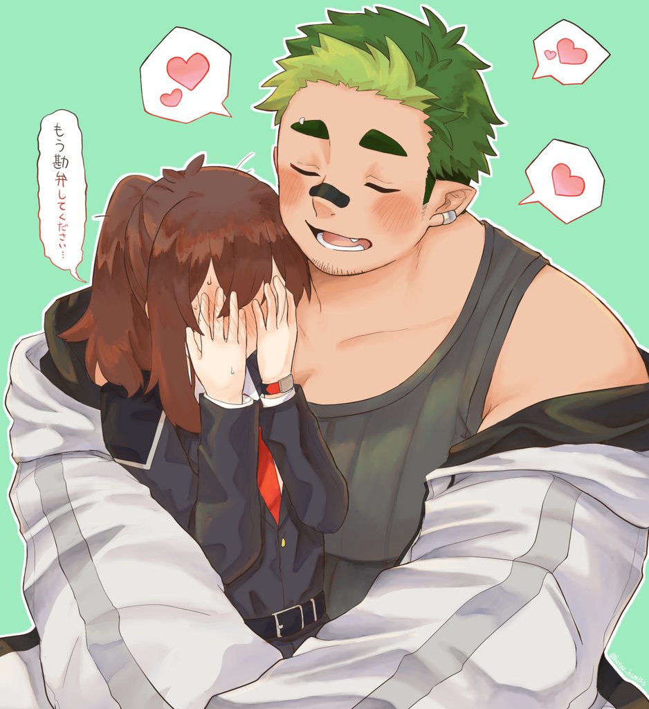 1boy, 1girl, bara, bare_shoulders, blush, brown_hair, coat, couple