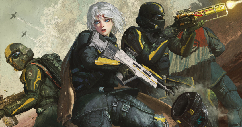 1girl, 3others, absurdres, aircraft, airplane, armor, assault_rifle, belt