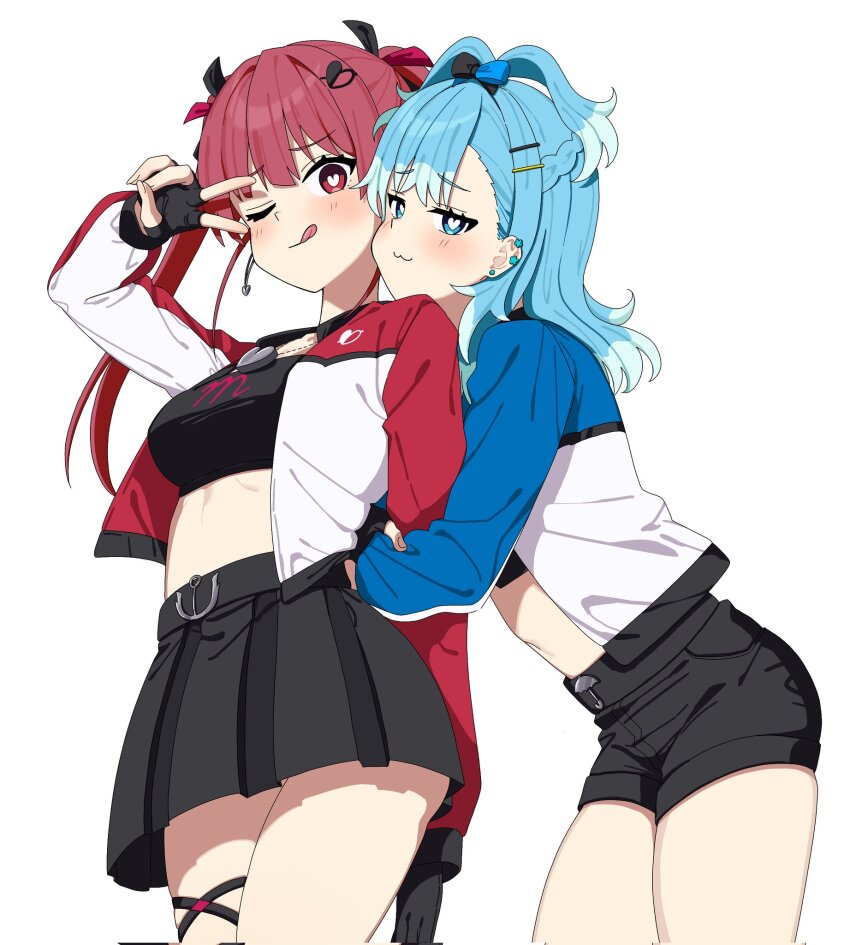 2girls, :3, ;q, black_gloves, blue_eyes, blue_hair, blush, breasts, earrings, fingerless_gloves, gloves, hair_ornament, hairclip, hand_in_panties, heart, heart-shaped_pupils, highres, hololive, hololive_indonesia, houshou_marine, hug, iii_(hololive), jacket, jewelry, kayuu_(hikentai0112), kobo_kanaeru, long_hair, looking_at_viewer, medium_breasts, midriff, multiple_girls, one_eye_closed, panties, pleated_skirt, purple_eyes, purple_hair, short_shorts, shorts, simple_background, skindentation, skirt, symbol-shaped_pupils, thighs, tongue, tongue_out, underwear, v, virtual_youtuber, white_background, yuri