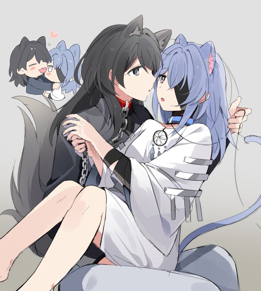2girls, animal_ears, bandaged_wrist, bandages, black_bandages, black_eyes, black_hair, black_shirt