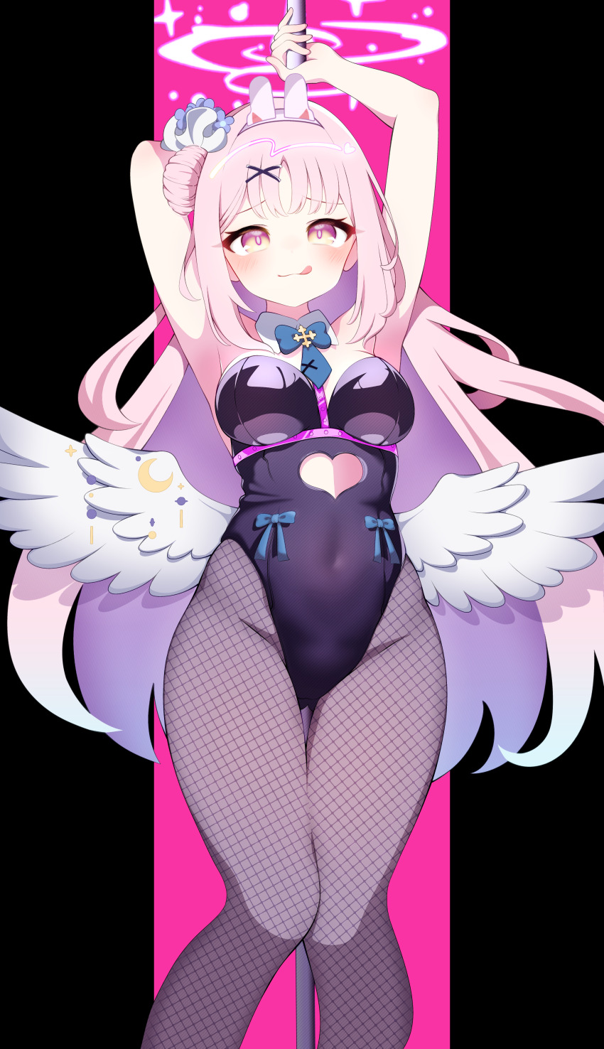 1girl, :p, absurdres, acalephea, angel_wings, animal_ears, arms_up, athletic_leotard