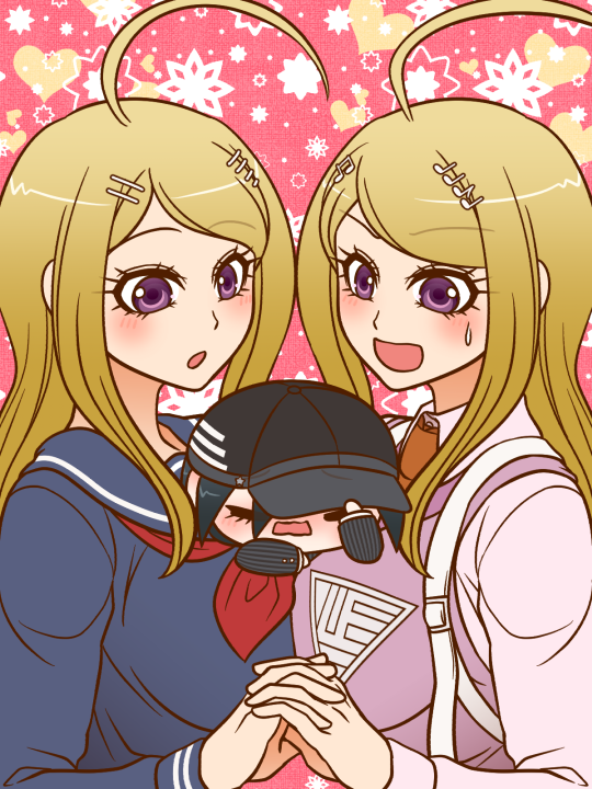 1boy, 2girls, ahoge, akamatsu_kaede, backpack, bag, baseball_cap, black_eyes