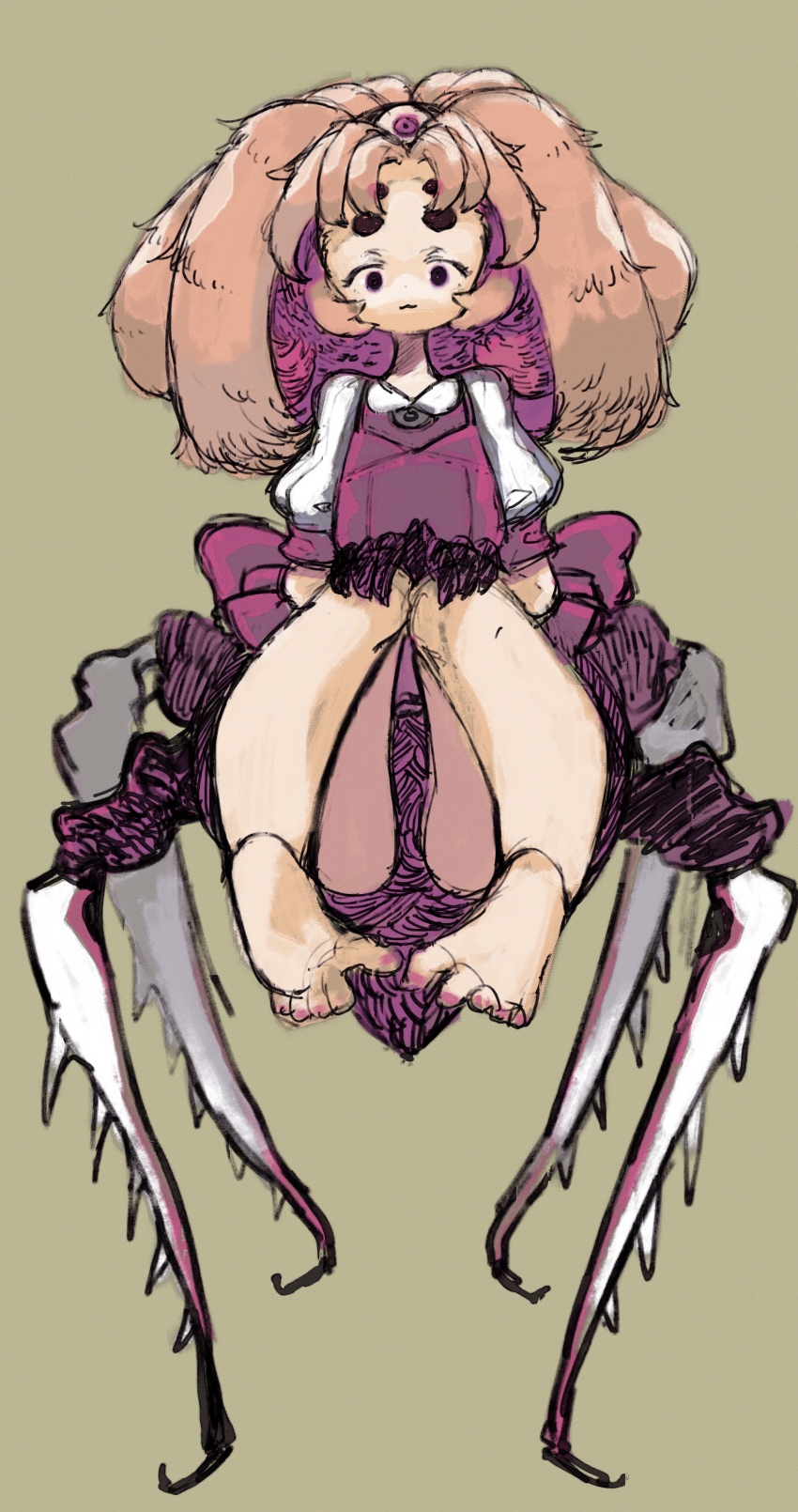 1girl, :3, absurdres, arthropod_girl, arthropod_limbs, back_bow, barefoot, black_eyes