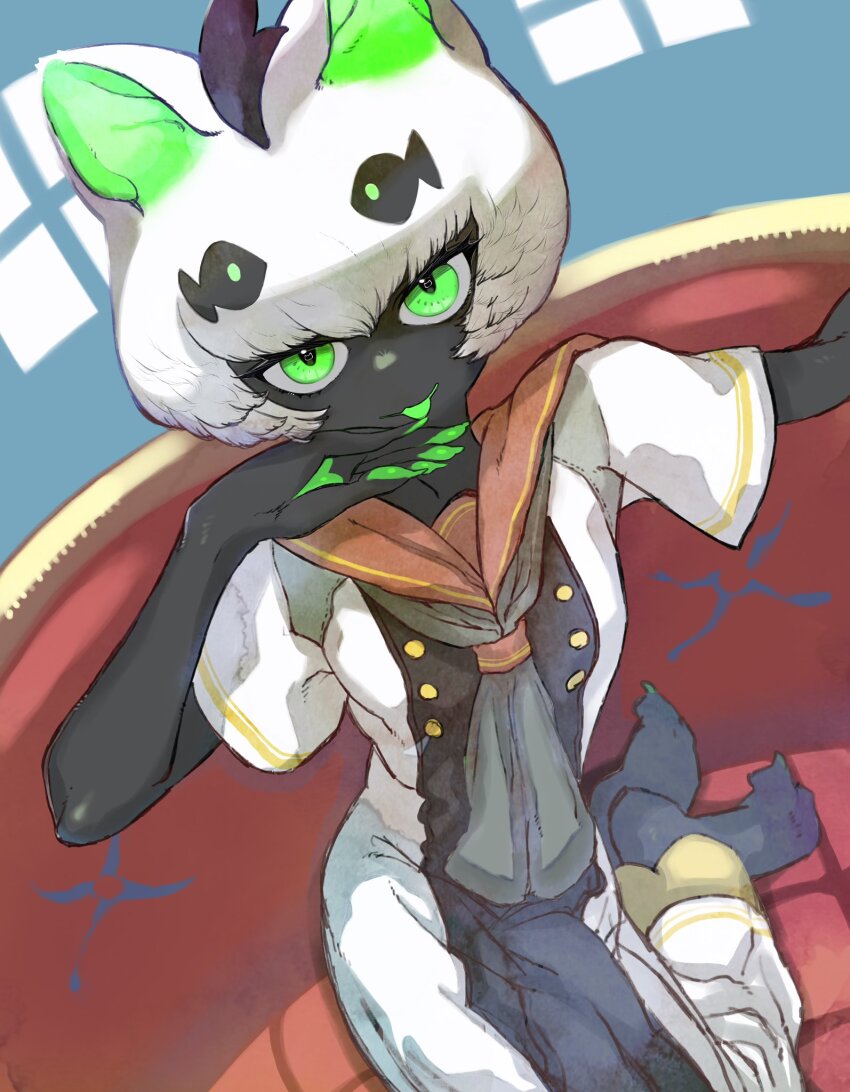 1girl, ahoge, animal_ears, animal_feet, animal_hands, black_dress, blue_background, cat_ears