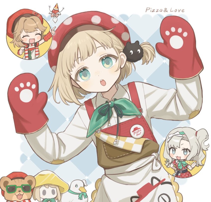 1boy, 2girls, :d, :o, apron, arm_warmers, beret, black_ribbon