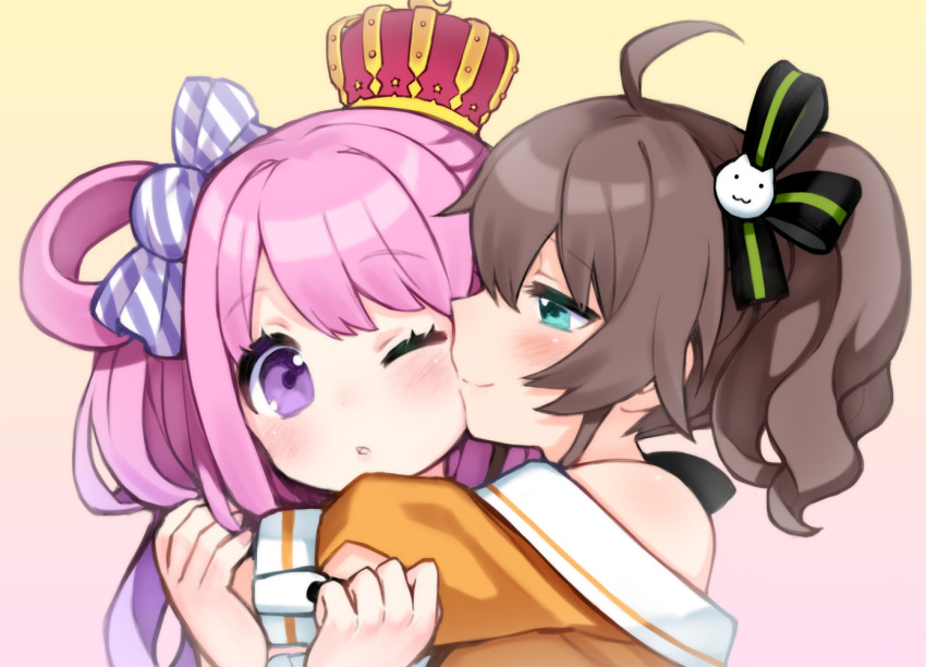2girls, ahoge, aqua_eyes, black_ribbon, blush, brown_hair, candy_hair_ornament, cat_hair_ornament, closed_mouth, crown, food-themed_hair_ornament, frills, gradient_background, gradient_hair, hair_ornament, hair_ribbon, hair_rings, himemori_luna, himemori_luna_(1st_costume), hololive, hug, jacket, long_hair, looking_at_another, medium_hair, mini_crown, multicolored_hair, multiple_girls, natsuiro_matsuri, natsuiro_matsuri_(1st_costume), nekohara_choco, off-shoulder_jacket, off_shoulder, one_eye_closed, one_side_up, orange_jacket, pink_hair, pink_nails, ponytail, purple_eyes, purple_hair, ribbon, short_sleeves, single_hair_ring, smile, virtual_youtuber, wavy_hair