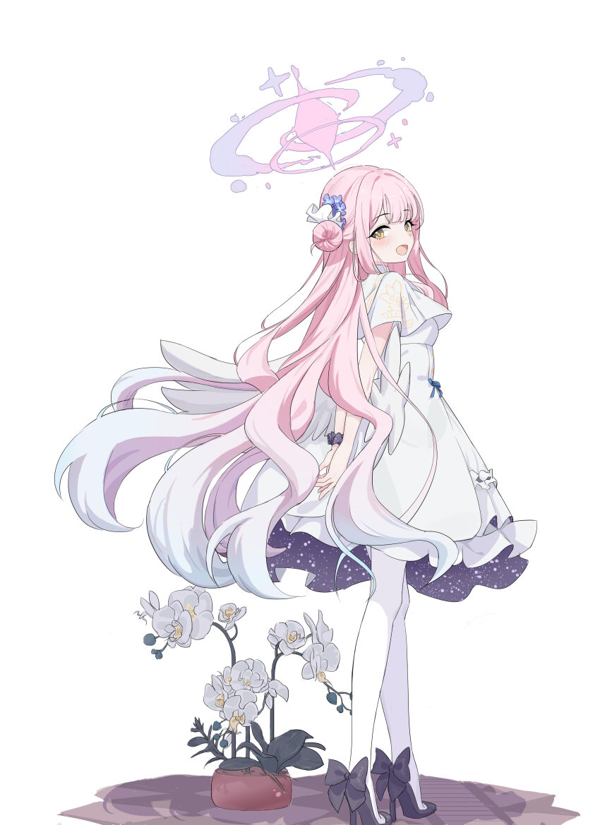 1girl, absurdres, black_footwear, blue_archive, blush, capelet, dress, flower