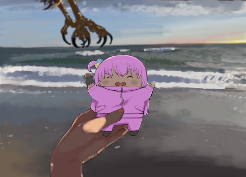 beach, bird, bocchi_the_rock!, character_doll, chiikawa_plush_stolen_by_hawk_(meme), commentary_request, doll, gotoh_hitori, hand_up, impending_doom, meme, ocean, outdoors, oyomotin, pov, shore, sunset, water