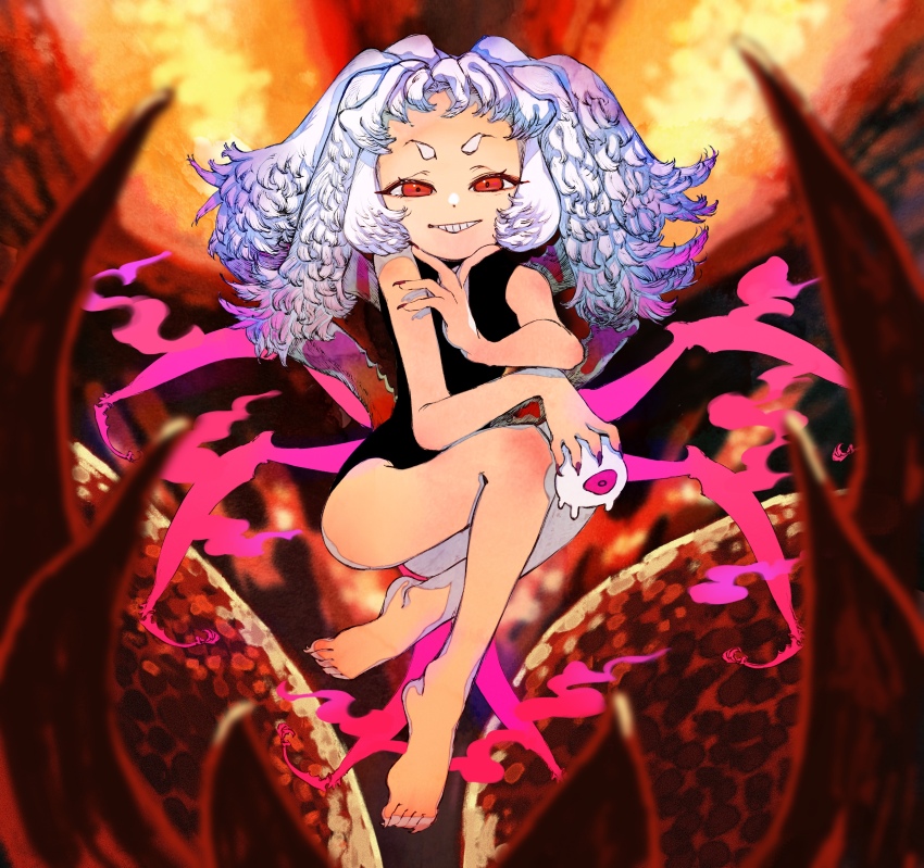 1girl, absurdres, arthropod_limbs, barefoot, black_leotard, creature, fingernails, full_body