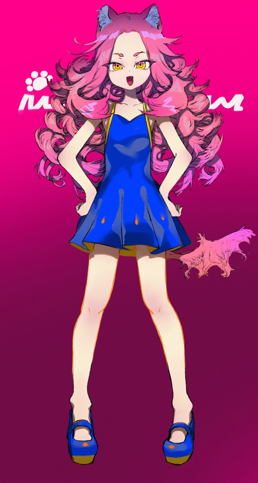 1girl, absurdres, animal_ear_fluff, animal_ears, blue_dress, blue_shoes, cat_ears, cat_girl, cat_tail, dress, fang, full_body, gradient_background, gradient_hair, hands_on_own_hips, highres, loli, long_hair, looking_at_viewer, mary_janes, multicolored_hair, open_mouth, original, oyomotin, pigeon-toed, pink_background, platform_shoes, ringed_eyes, shoes, short_eyebrows, solo, standing, tail, very_long_hair, yellow_eyes