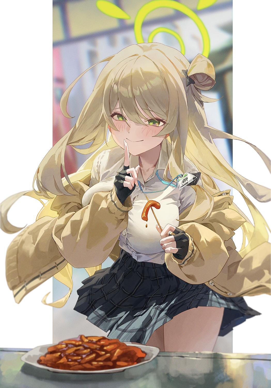 1girl, black_gloves, black_skirt, blue_archive, blush, breasts, cardigan, closed_mouth