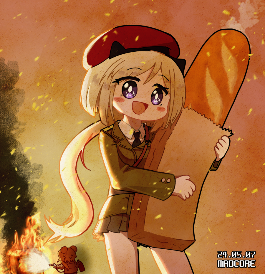 2girls, :d, animal_ears, artist_name, bag, baguette, beret, black_necktie