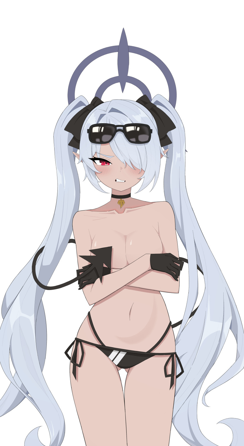 1girl, absurdres, arms_under_breasts, bare_shoulders, bikini, bikini_bottom_only, black_bikini, black_choker, black_gloves, blue_archive, blunt_bangs, bow, breasts, choker, cleavage, clenched_teeth, collarbone, commentary, covering_breasts, covering_privates, dark-skinned_female, dark_skin, demon_girl, demon_tail, eyewear_on_head, gloves, gluteal_fold, grey_hair, hair_bow, hair_over_one_eye, hair_ribbon, halo, highres, iori_(blue_archive), iori_(swimsuit)_(blue_archive), long_bangs, long_hair, looking_at_viewer, medium_breasts, navel, nord_(expc4752), official_alternate_costume, pendant_choker, red_eyes, ribbon, side-tie_bikini_bottom, sidelocks, simple_background, solo, stomach, sunglasses, swimsuit, tail, teeth, topless_female, twintails
