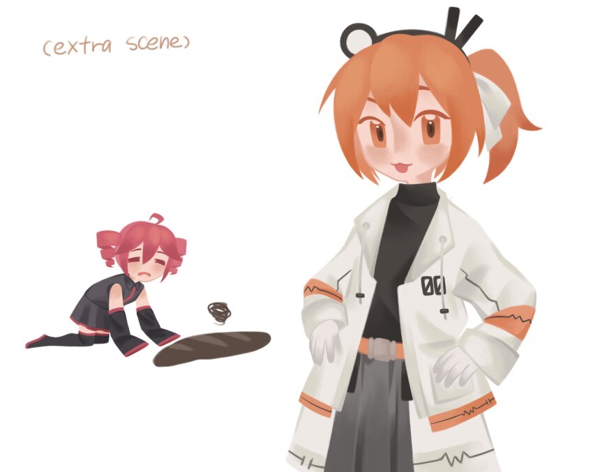 2girls, :3, =_=, a.i._voice, adachi_rei, all_fours, baguette, belt