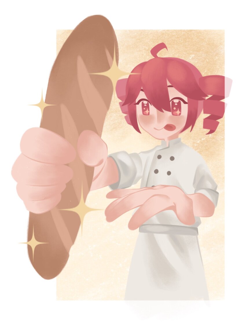 1girl, :p, ahoge, alternate_costume, apron, baguette, blush, border, bread, buttons, chef, closed_mouth, cropped_legs, double-breasted, drill_hair, food, highres, holding, holding_food, jacket, kasane_teto, licking_lips, looking_at_food, moonmart, orange_background, outside_border, outstretched_arms, red_eyes, red_hair, smile, solo, sparkle, sparkling_eyes, tongue, tongue_out, twin_drills, utau, waist_apron, white_apron, white_border, white_jacket