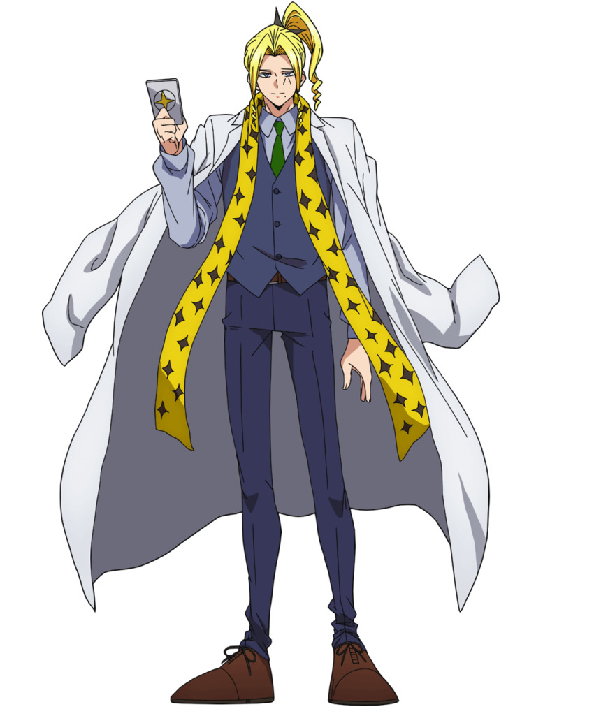 1boy, belt, blonde_hair, brown_footwear, collared_shirt, facial_mark, formal_clothes, full_body