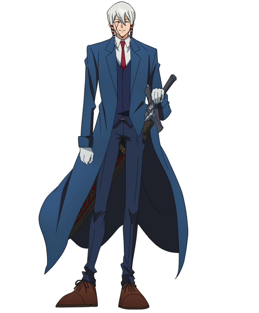 1boy, belt, brown_footwear, closed_eyes, collared_shirt, facial_mark, formal_clothes, full_body