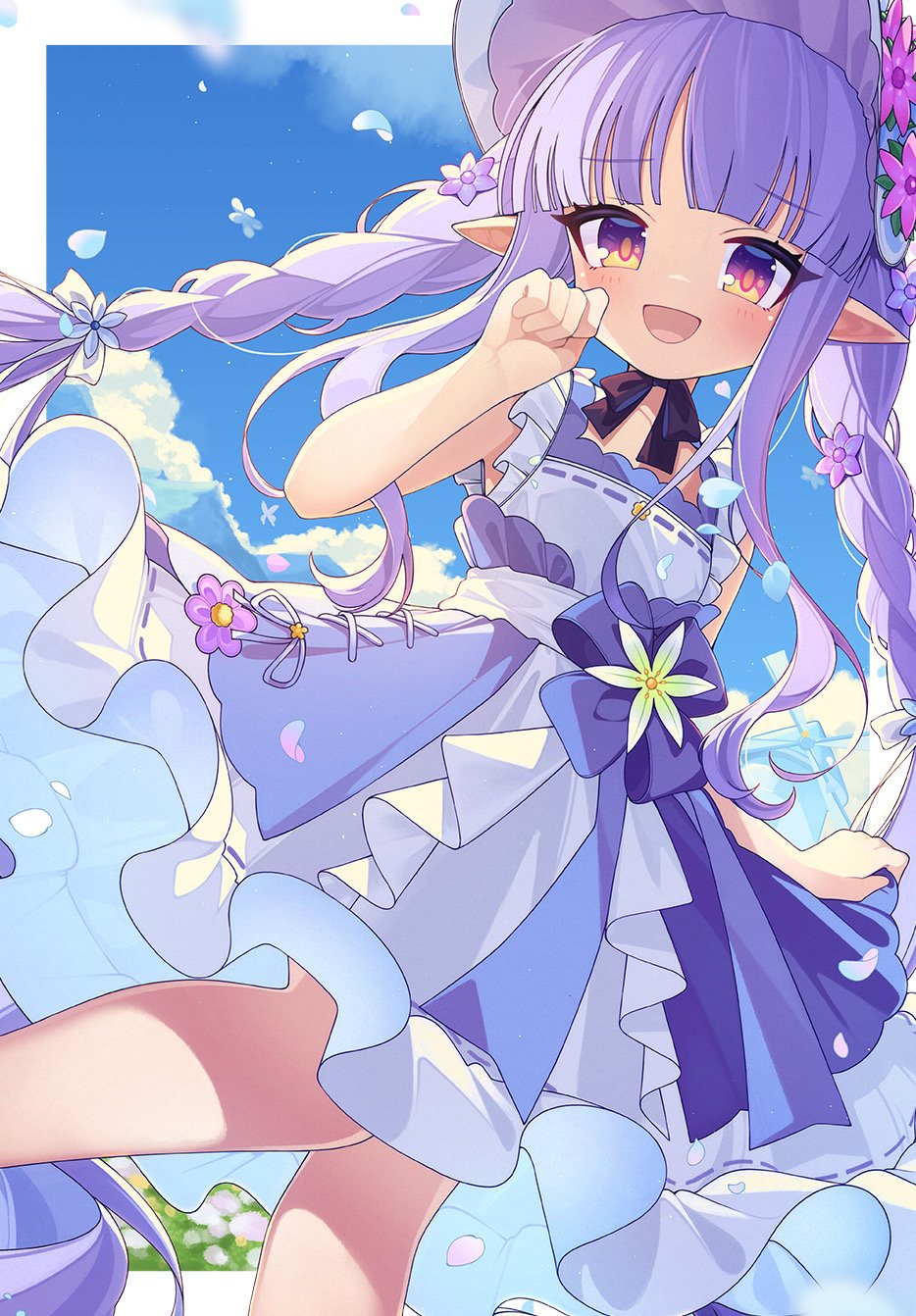 1girl, bonnet, braid, braided_ponytail, dress, elf, eskimofox, flower, frilled_dress, frilled_skirt, frills, hair_flower, hair_ornament, highres, kyoka_(princess_connect!), kyoka_(spring)_(princess_connect!), long_hair, pointy_ears, princess_connect!, purple_dress, purple_hair, ribbon, skirt, smile, solo, twintails