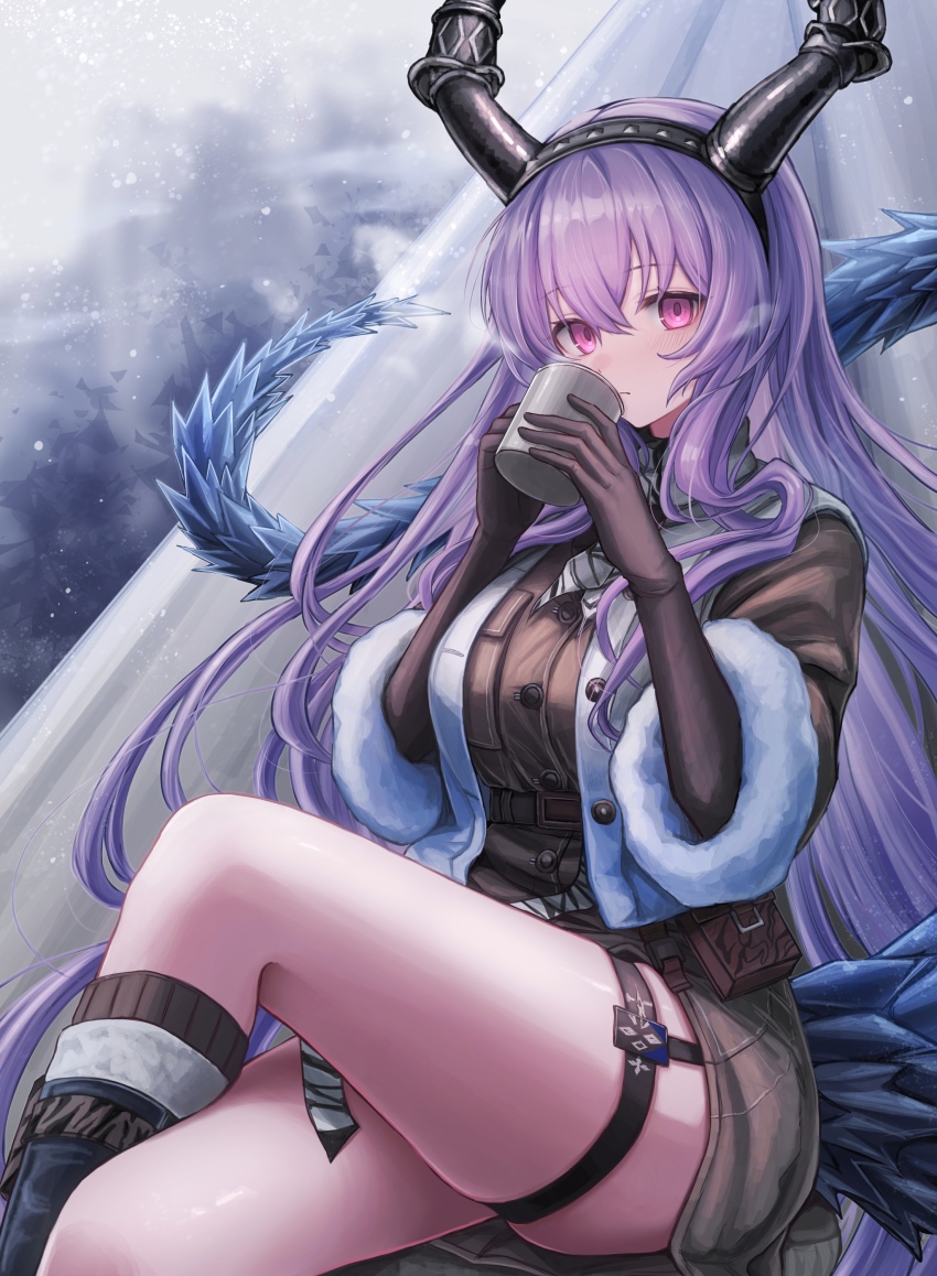 1girl, 3_(sanyako1), absurdres, arknights, belt, black_boots, black_hairband, black_horns