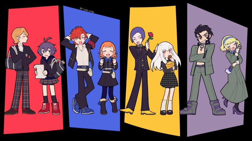 4boys, 4girls, :d, annette_fantine_dominic, arms_behind_head, backpack, bag, bag_of_cookies