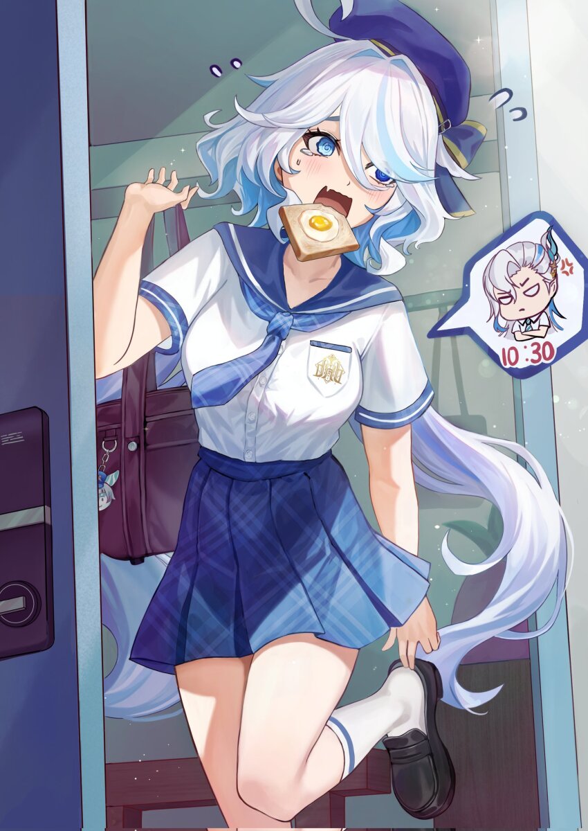 1boy, 1girl, @_@, ahoge, alternate_costume, bag, blue_eyes, blue_hair