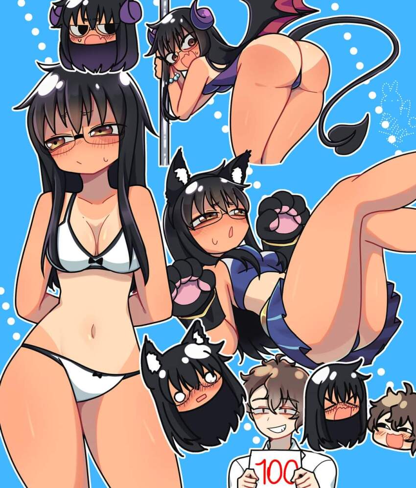 >_<, 1boy, 1girl, animal_ears, ass, bent_over, bikini, black_panties, blue_background, blush, chibi, chibi_inset, crossed_legs, embarrassed, fake_animal_ears, fake_demon_horns, fake_horns, fake_tail, fake_wings, fang, feet, grin, hachiouji_naoto, highres, horns, ijiranaide_nagatoro-san, legs_apart, mao_bunny, multiple_views, nagatoro_hayase, nose_blush, o_o, open_mouth, outline, panties, personality_switch, role_reversal, school_swimsuit, scorecard, skin_fang, smile, smiley_face, sweatdrop, swimsuit, tail, tan, tanline, underwear, white_outline, wings