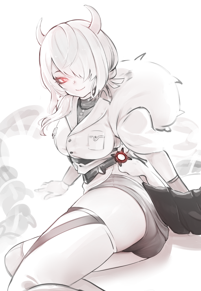 1girl, abyssal_ship, ass, black_shorts, black_tail, breast_pocket, breasts, colored_skin