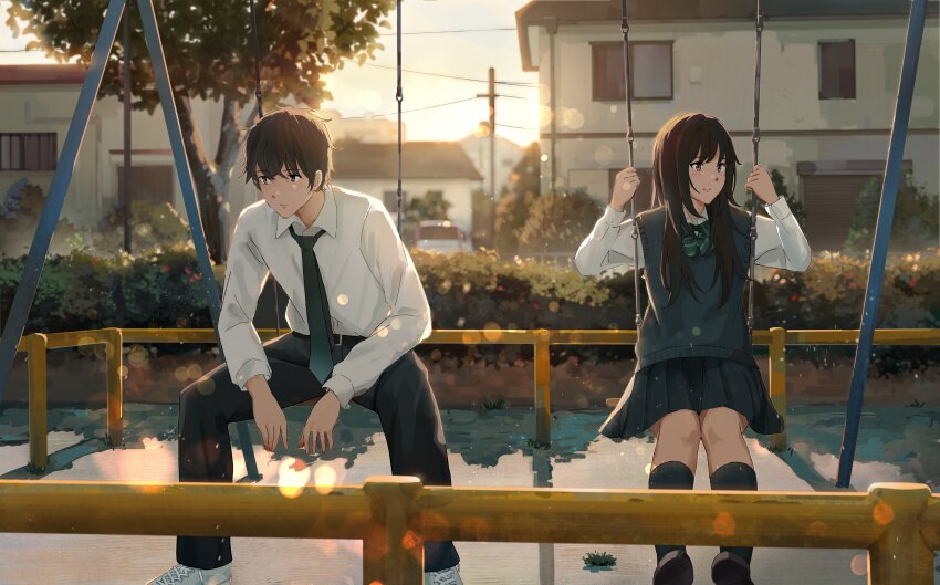 1boy, 1girl, :|, absurdres, averting_eyes, belt, black_belt, black_hair