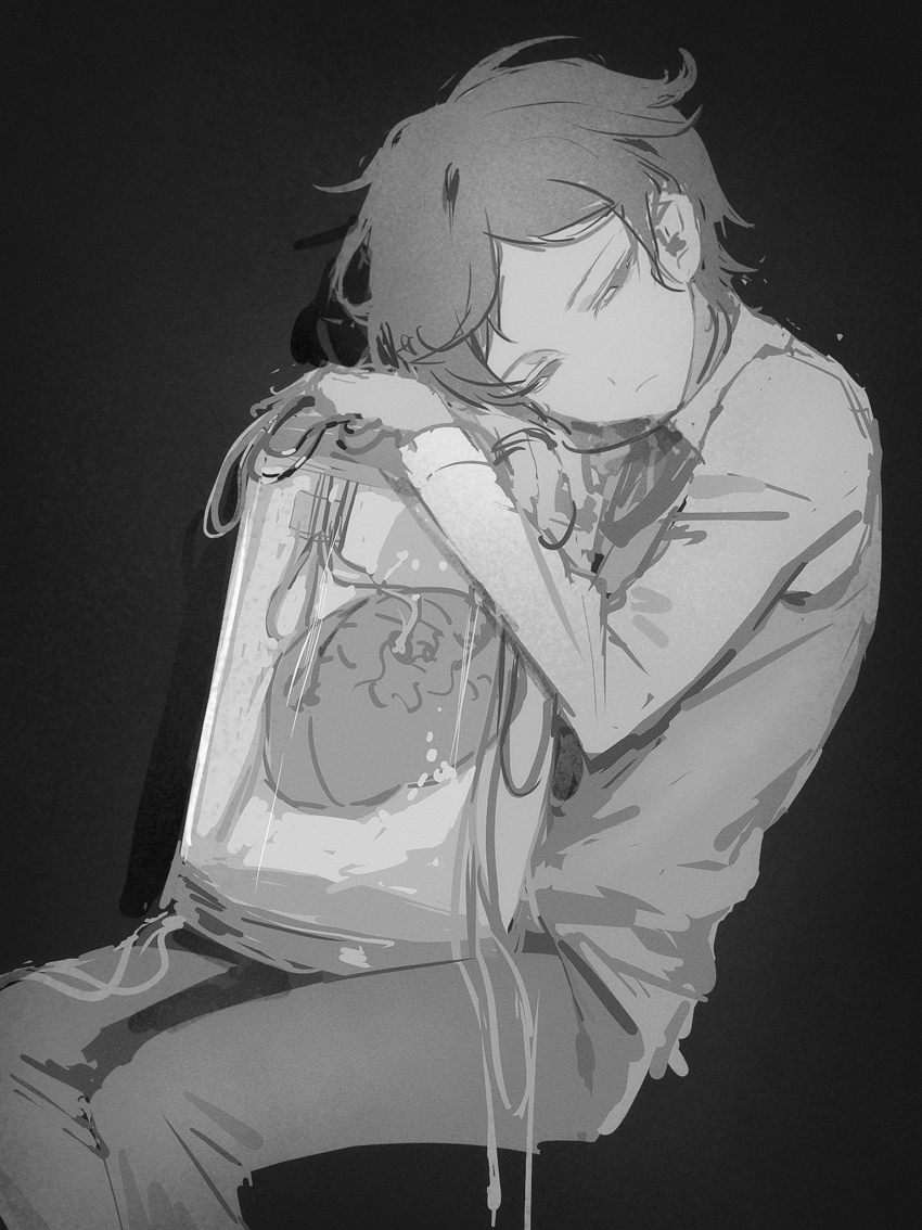 1boy, black_background, brain, bsgkstnals03, cable, closed_mouth, collared_shirt, commentary